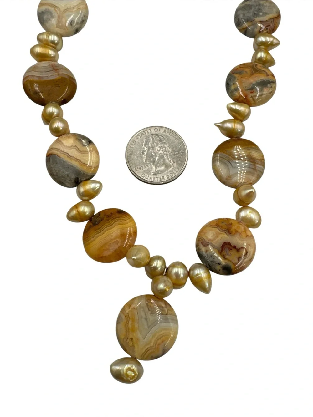 Vintage Sterling Silver Crazy Lace Agate & Freshwater Pearl Statement Necklace